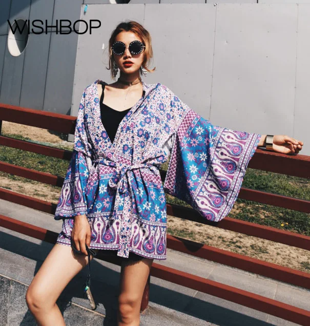 

2018 New Holiday Beach National Wind Violet/Peacock Printed Cardigan Matching Belt - Oversized Flare Sleeves Draped Kimono Tops