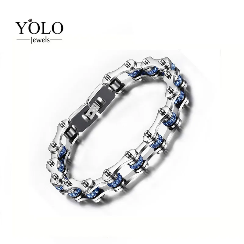 

Charm Korean Style Stainelss Steel 316L Bracelet for Men Blue Rhinestones Statement Bike Chain Bracelet Love Gift for Boyfriend