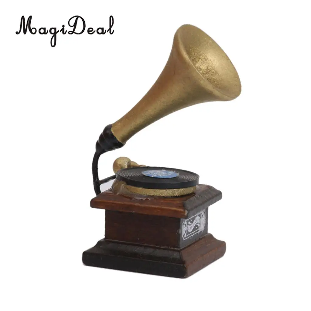 MagiDeal 1/12 Wood Miniature Phonograph Record Player Handicrafts Model for Dollhouse Garden Bedroom Living Room Decor Kids Toy