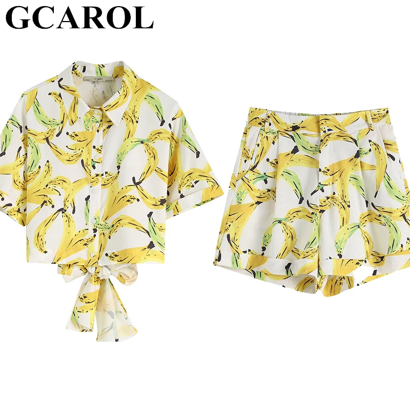 

GCAROL 2019 Summer Women 2 pieces sets Banana Floral Blouse And Shorts Sweet Yellow Crop Tops Outfits 2 Pcs
