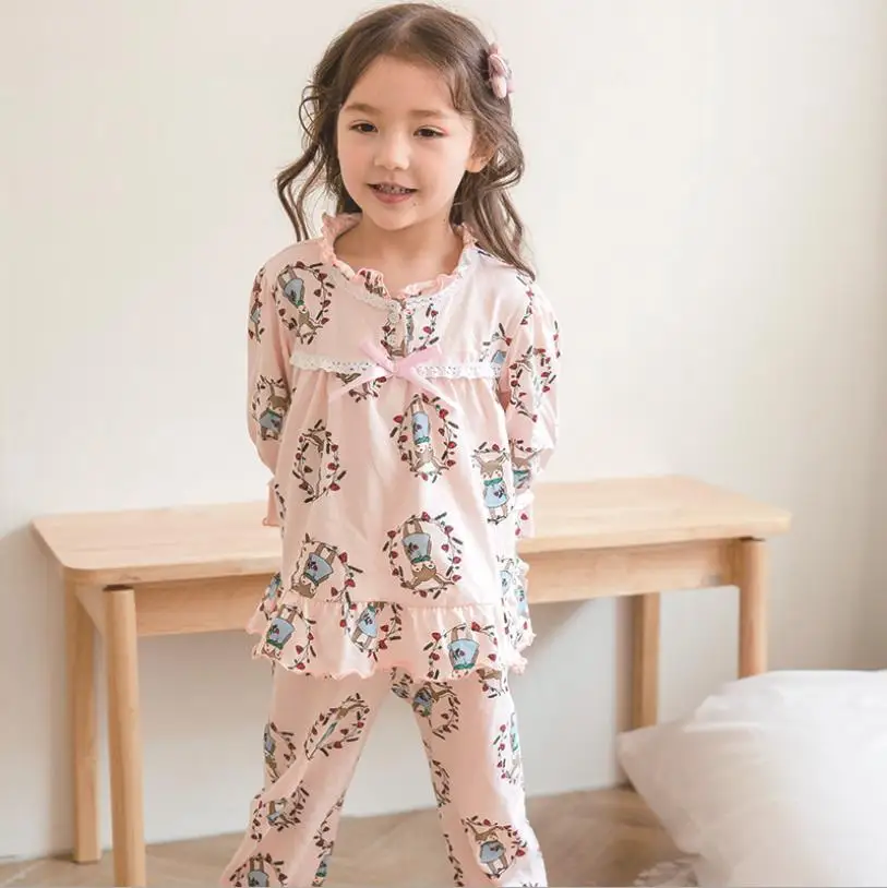 sets Новая хлопковая одежда для сна в Корейском стиле для маленьких девочек; сезон весна-осень; Модные ночные рубашки с принтом; Детская домашняя одежда; От 2 до 10 лет; ws255 - Цвет: sets