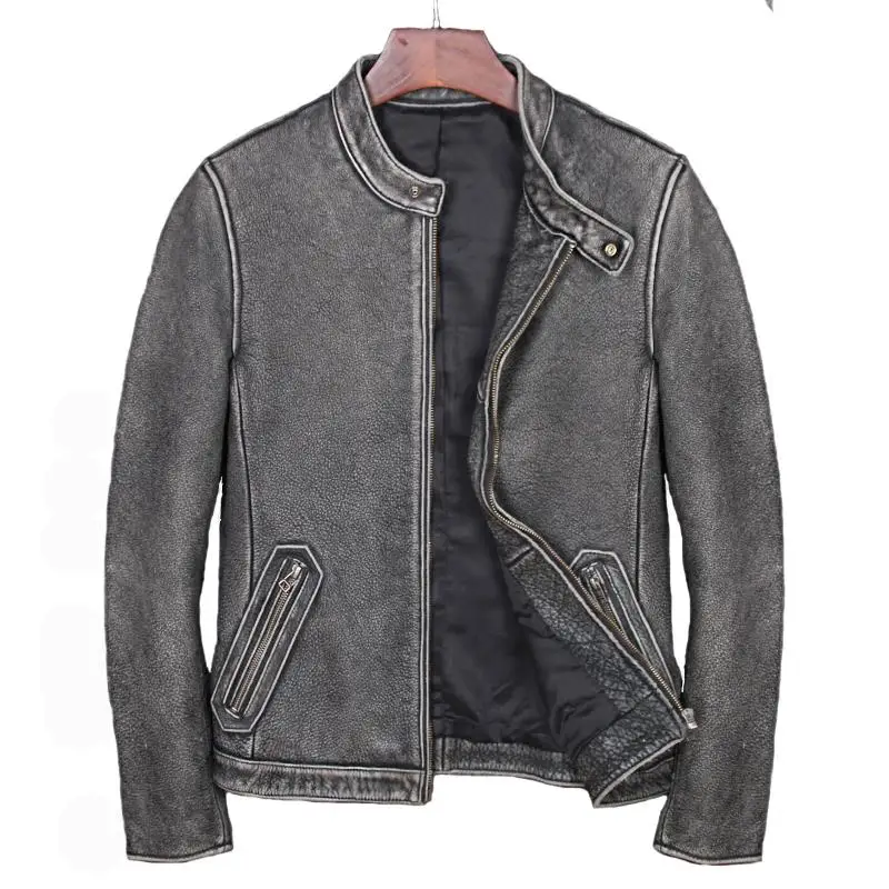 

2019 Vintage Grey Men Biker's Leather Jacket Plus Size XXXXXL Genuine Thick Cowhide Slim Fit Spring Leather Coat FREE SHIPPING