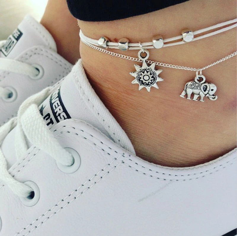 

New Fashion Anklets Personality Bohemian Ancient Silver Sun Elephants Were The Rope Combination Women's Ankles Wholesale
