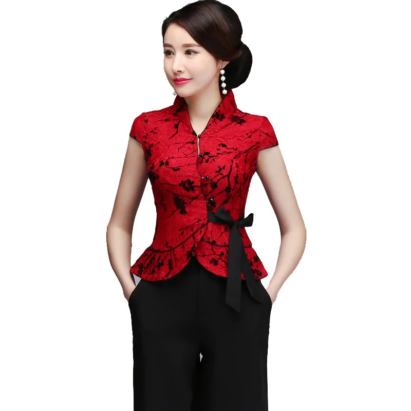 

Plus Size Sexy Red Lace Mother Wedding Clothing Chinese Vintage Mandarin Collar Tang Top Elegant Short Sleeve Shirt Blouse M-5xl