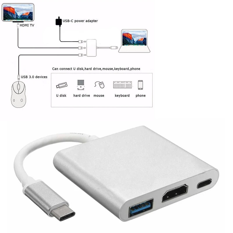 

Mini 3 Port USB HUB 3.0 For MacBook Air 2018 2017 Pro Type-C To HDMI + USB C + USB 3.0 3 In 1 Convenience Portable HUB USB 3.0