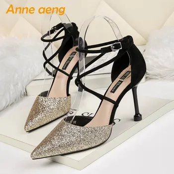 

2019 New Summer Women Sandals High Thin Heel Buckle Pointed Toe Bling Party Sexy Ladies Women Shoes Gold Female High Heels