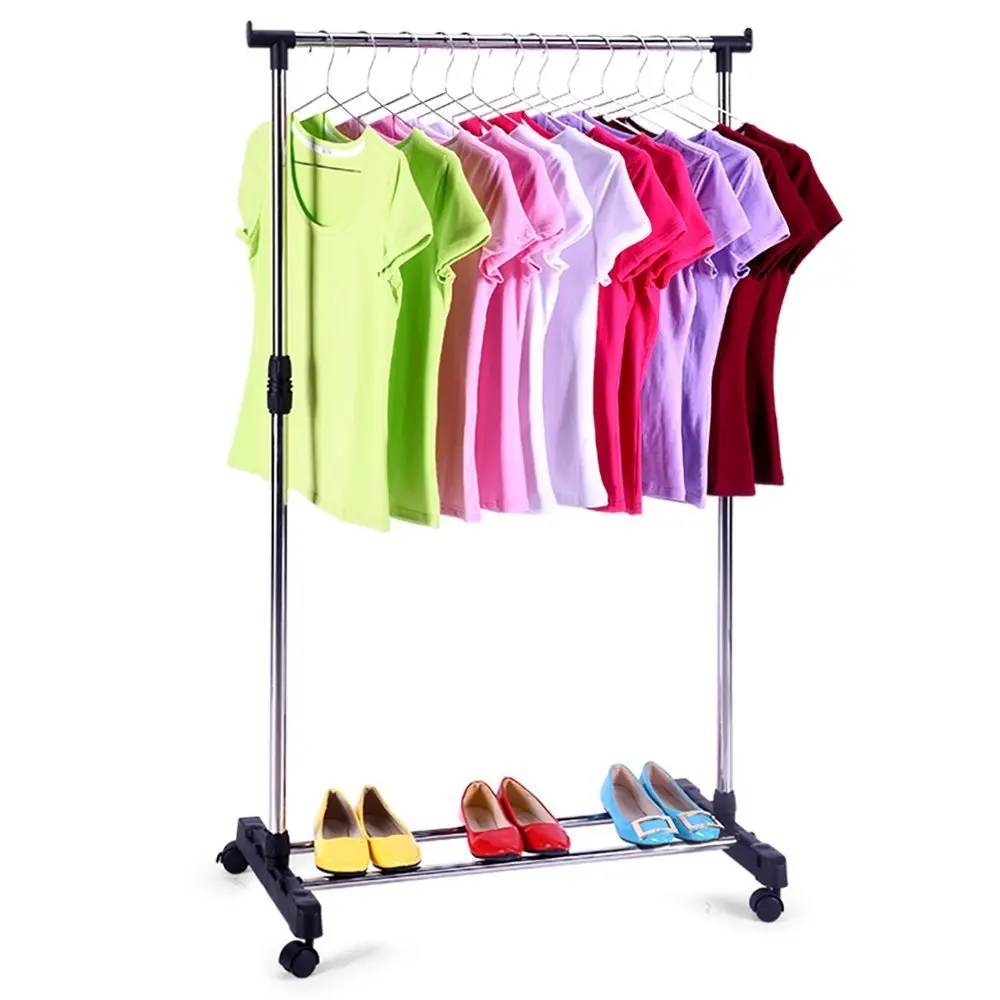 Portable Single Rod Clothes Rack Adjustable Garment Rack with Wheels