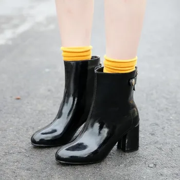 

Autumn and Winter New Concise Fashion High Heel Boots Women's Round Head Cool Patent Leather Vogue Versatile Martin Boots Lady