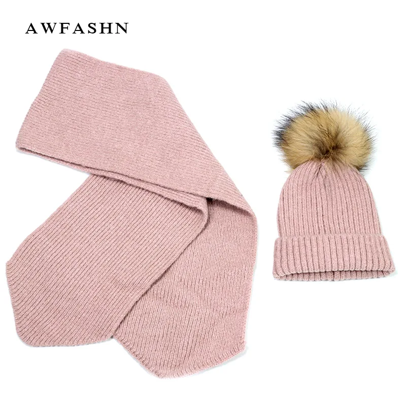 

New 2 Pieces Set Children's Raccoon Fur pom poms Knit Beanie Hat Winter Scarf Cotton Warm Boy Girl Ski Baby Kids Thicken Bone