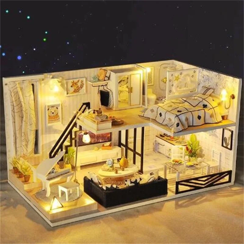 Сборный DIY игрушечный деревянный дом, деревянный миниатюрный кукольный домик, миниатюрные кукольные домики, игрушки с мебели, светодиодный светильник, подарок на день рождения