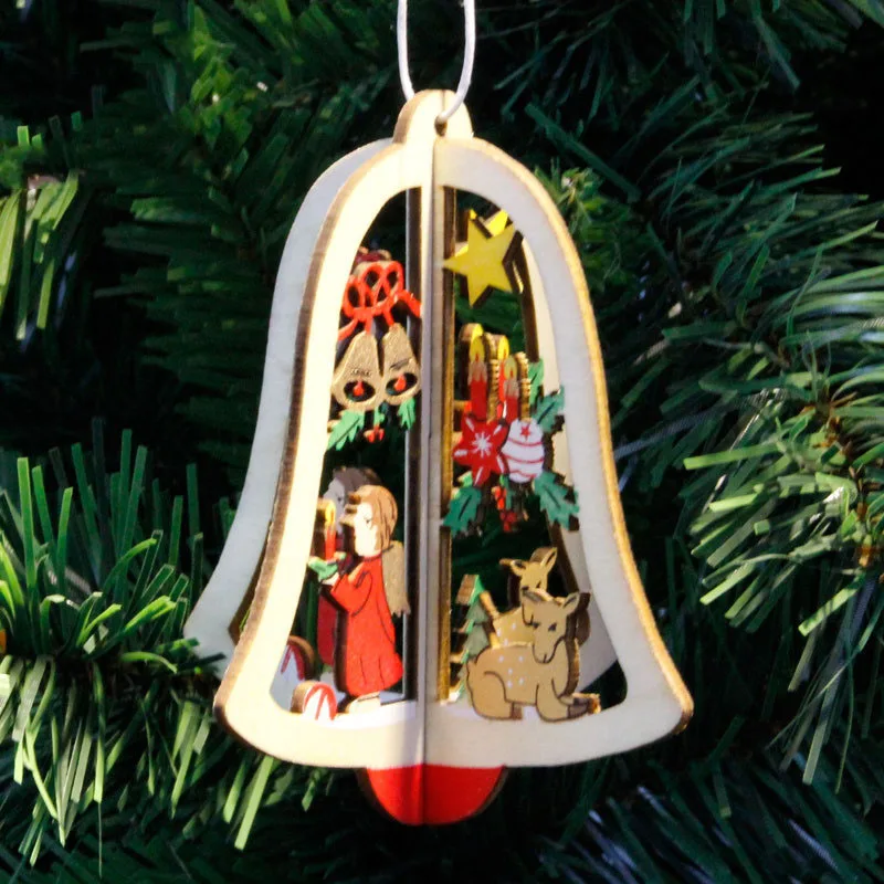 

1 Christmas Tree Ornaments Hanging Xmas Tree Bell Star 3D Drop Ornaments High Quality Wooden Pendant Decoration For Home Shop
