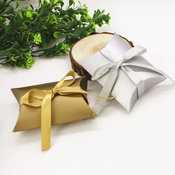 

Pillow shaped box with ribbon Candy Chocolate gift packing empty boxes Romantic wedding party favor bags free shipping 100pcs