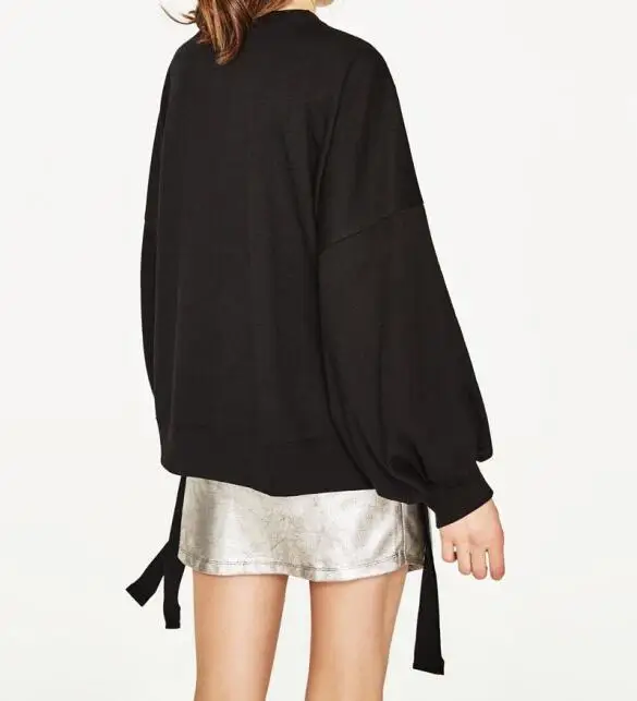 Col Nouveau Surdimensionné Longueur Noir 2017 Avec Sweat Oeillet En Longues Élégant Manches Rond Poignets Hanche Élastiques Femmes wIdqzq