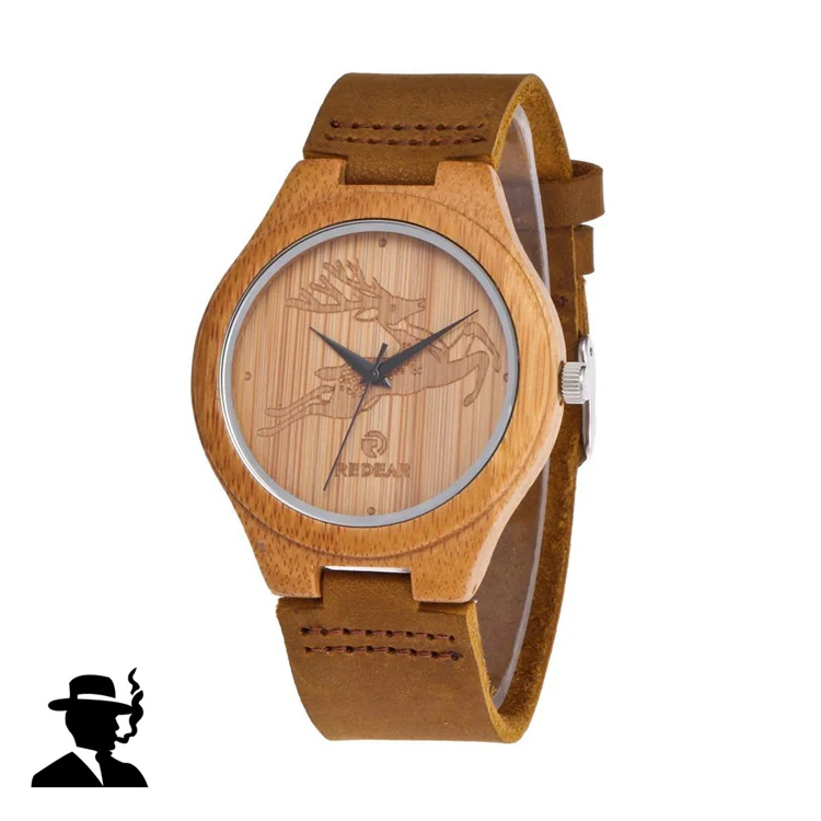 REDEAR OEM его и ее часы лося олень стили бамбуковые часы для мужчин роскошные кожаные деревянные наручные часы в качестве фестиваля подарок - Color: Men