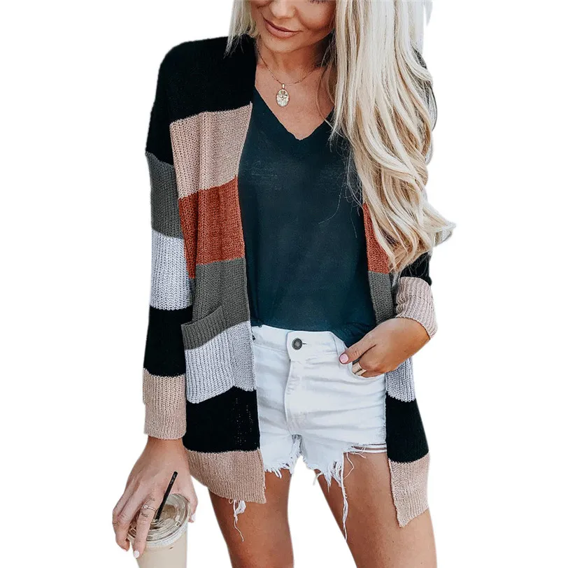 

Loose Long Sleeve Sweater Women Sexy Striped Cardigan Open Front Long Cardigans Sweaters With Pocket Sueter Mujer #F#40NV01