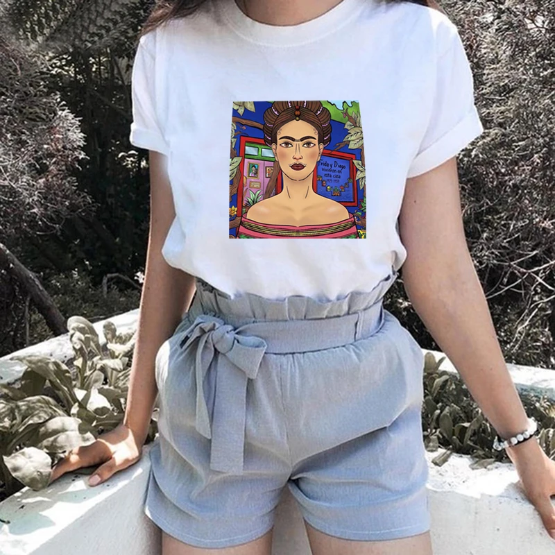 

Korean Styel Frida Kahlo Painting Summer Tops Women Tshirts Cotton Graphic Tees Camisetas Verano Mujer 2019 Tee Shirt Femme Mesh