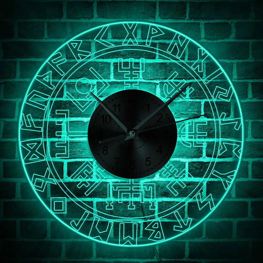 Tanie Vegvisir Viking kompas w stylu Vintage podświetlany zegar ścienny runiczny kompas zmiana koloru światła na ścianie Viking ochrony Symbol
