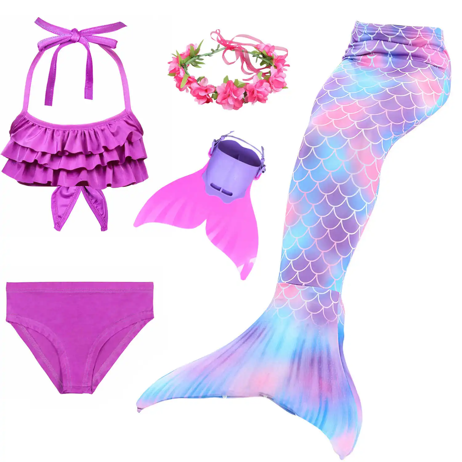 

NEW 2019 Kids Swimmable Mermaid Tail for Girls Swimming Bating Suit Mermaid Costume Swimsuit can add Monofin Fin with Garland