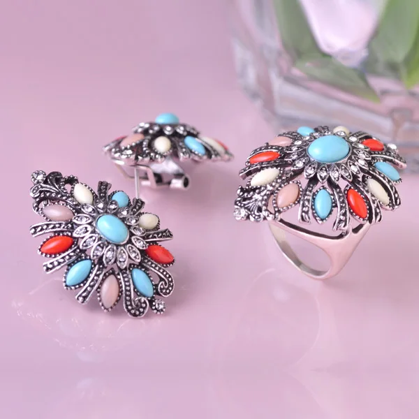 Vintage Earrings Ring Sets Turkish Flower Antique Silver Plated French Hooks Brincos Pendientes Anillos Mujer Brand