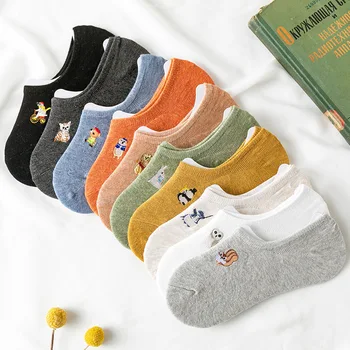

Cute Animal Embroidery Cotton Women Sock Slippers Top Quality Cartoon Funny Monster Boat Socks Spring Summer Lovely Socks