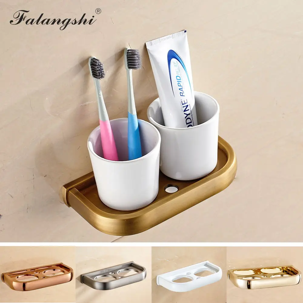 

Copper Brass Cup Tumbler Holders Bathroom Accessories Double Ceramic Cup Holders Wall Mounted Toothbrush Cup Holder WB8401