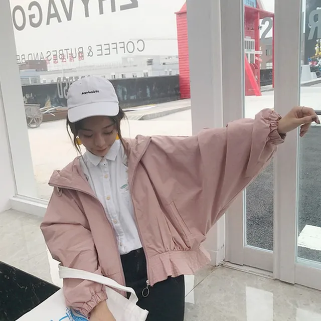 Korean Style Jacket For Women Pink Hooded Coats Outerwear Loose Batwing