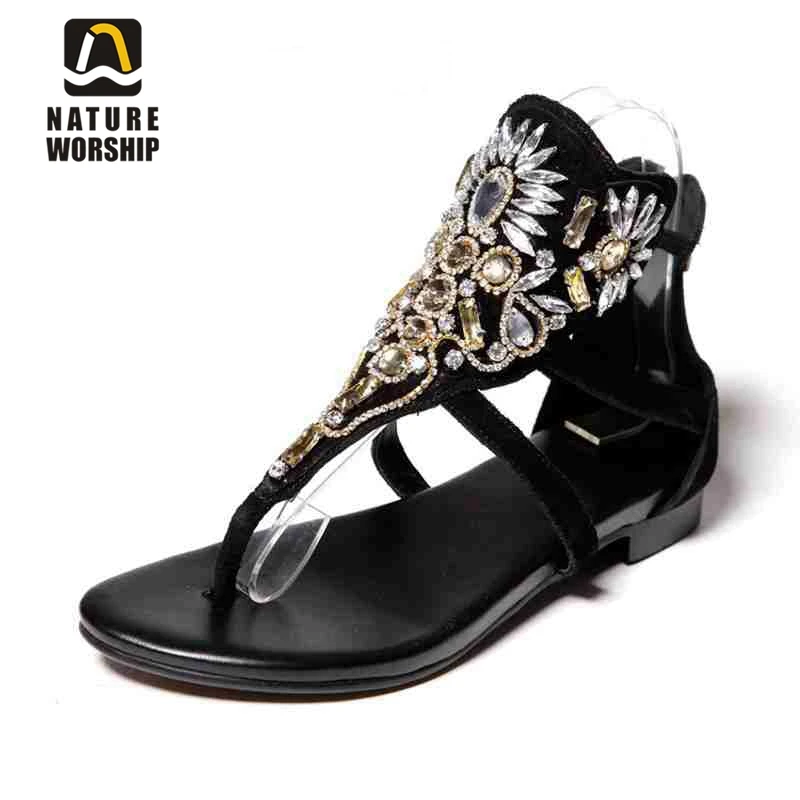 Hot women shoes fashion Sheepskin Gladiator shoes Rhinestone Retro