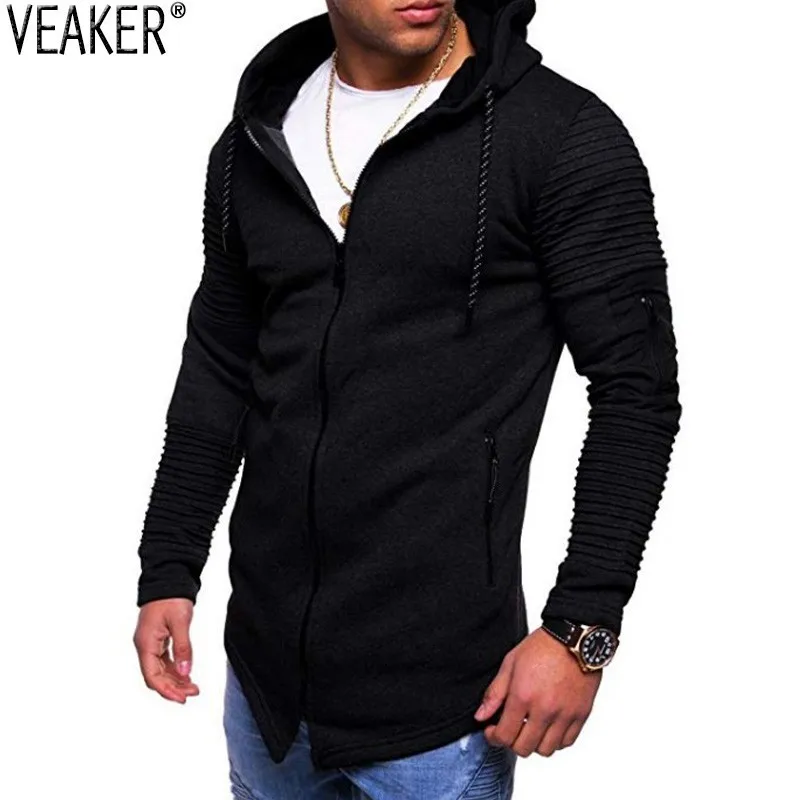 

2018 New Men's Autumn Zipper Long Hoodies Male High Street Slim Fit Pleated Hoodies Jacket Hooded Outerwear M-3XL