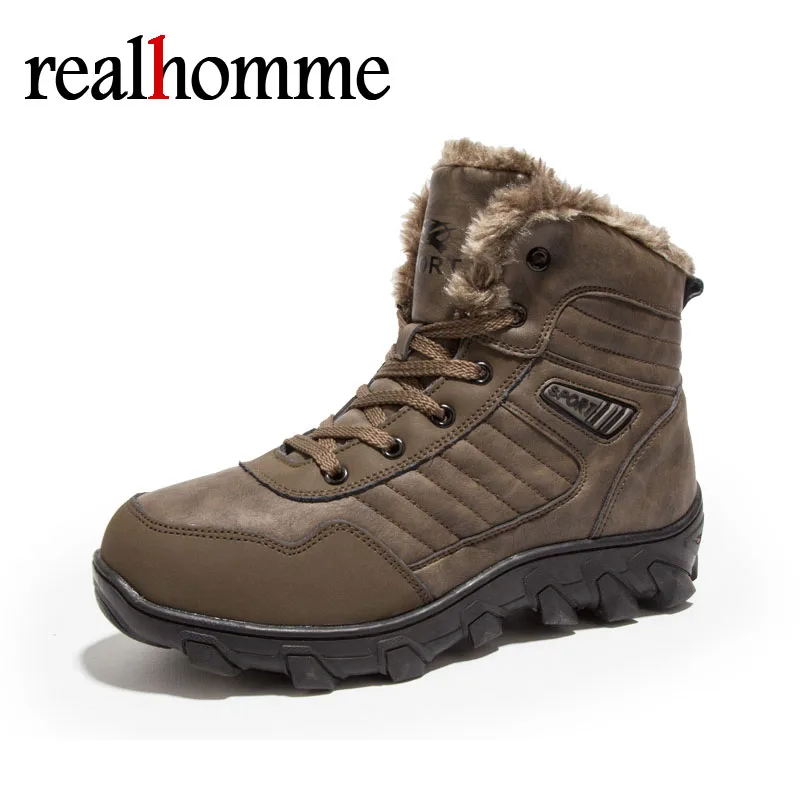 

RealHomme Anti-Skidding Men Snow Boots Vintage Style New Winter Fashion Men Shoes Lace-Up Warm Plush Outdoor Mens Boots Shoes