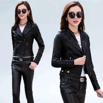 

2019 Fashion Streetwear Autumn Coat Women New bandage Sleeve locomotive Notched Short jacket Wash PU Leather jacket Coats 006