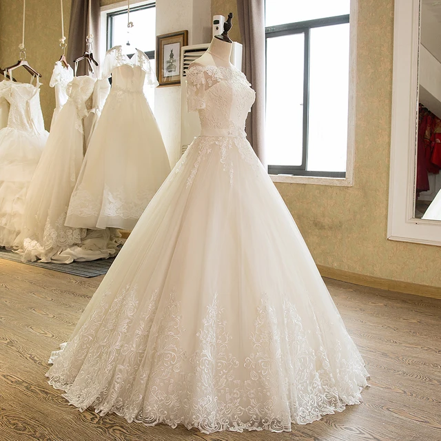 SL-5 Charming A-Line Short Sleeve Tulle Lace Appliques Vintage Boho Wedding Dress Off Shoulder Wedding Bridal Gowns 3