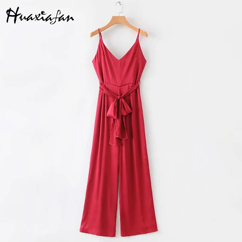 Huaxiafan Strap Jumpsuits For Women Sashes Solid Red Black Pants Sexy Backless Long Rompers Womens Straight Overalls Female