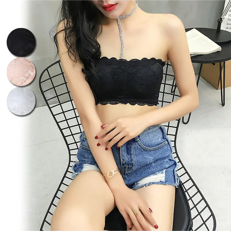 Sexy Summer Women Strapless Bra Lace Tube Top Bandeau Crop Tank Seamless Padded Underwear AIC88 women lingerie bra,women tank tops,women tube tops