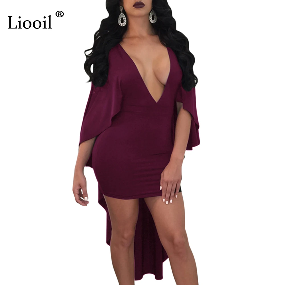 Liooil Batwing Sleeve Party Dress Shawl Deep V