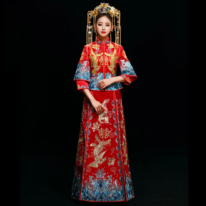Красный китайский стиль свадебные свадебное платье Дракон и Феникс загрузки для мужчин женщин традиционные Hanfu вышивка древний костюм