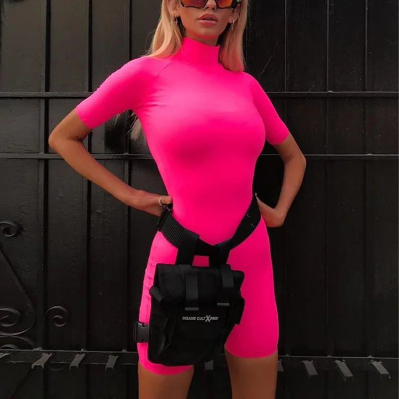 

2019 New High Necked Short Sleeve Fluorescent Color Shorts Playsuit Women High Waist 3 Color Physical Exercise Jumpsuit Women