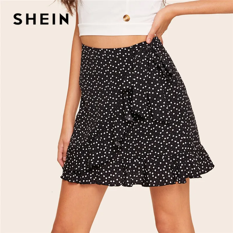 SHEIN Ruffle Trim Wrap Tie Waist Black Skirt Women Boho Beach Heart Print High Waist Summer Skirt Casual A Line Mini Skirt SHEIN Ruffle Trim Wrap Tie Waist Black Skirt Women Boho Beach Heart Print High Waist Summer Skirt Casual A Line Mini Skirt
