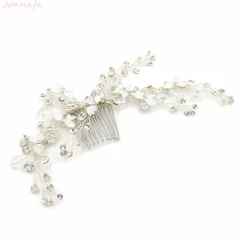 

Jonnafe Fashion Bridal Hair Comb Silver Color Leaf Rhinestone Wedding Hair Piece Jewelry Handmade Women Prom Headpiece