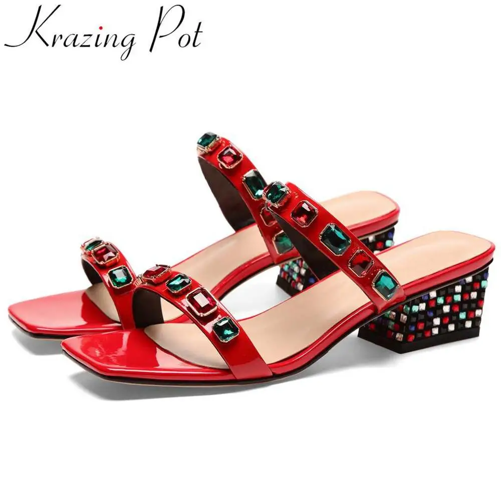 

Krazing pot 2019 neweat colorful crystals decoration slip on mules med heels plus size brilliant design peep toe sandals L23