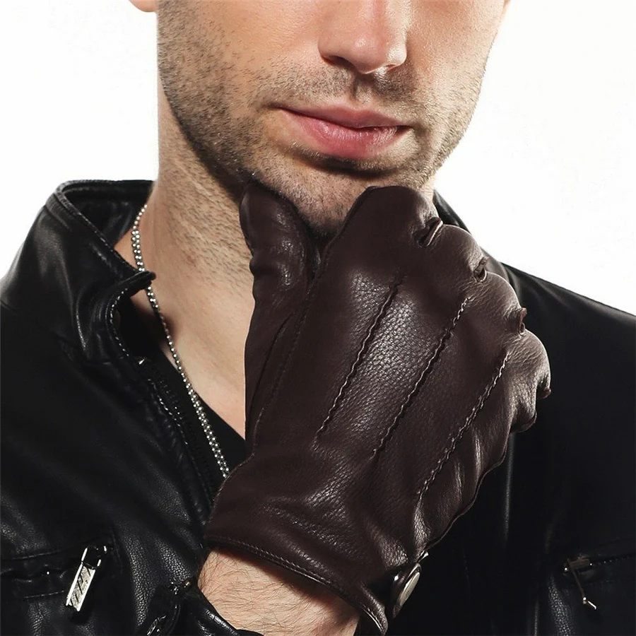Men Genuine Leather 2018 New Rushed  Gloves Luxury Deerskin Glove High Quality Wrist Driving Winter Cashmere Lining EM012WR