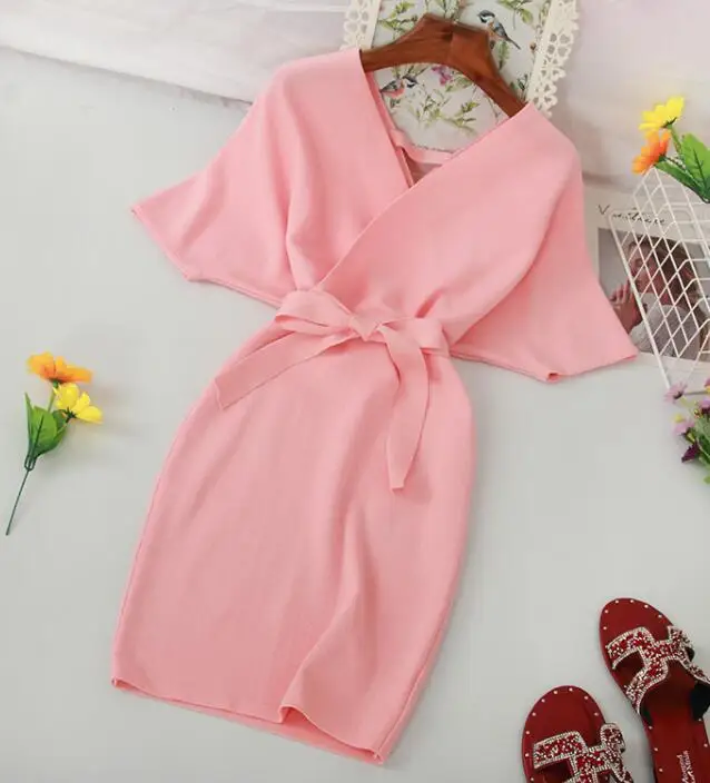 pink dress Новое Фиолетовое офисное женское платье-свитер с v-образным вырезом, кружевное корейское летнее платье миди, элегантное женское платье с открытой спиной Vestidos - Цвет: pink dress