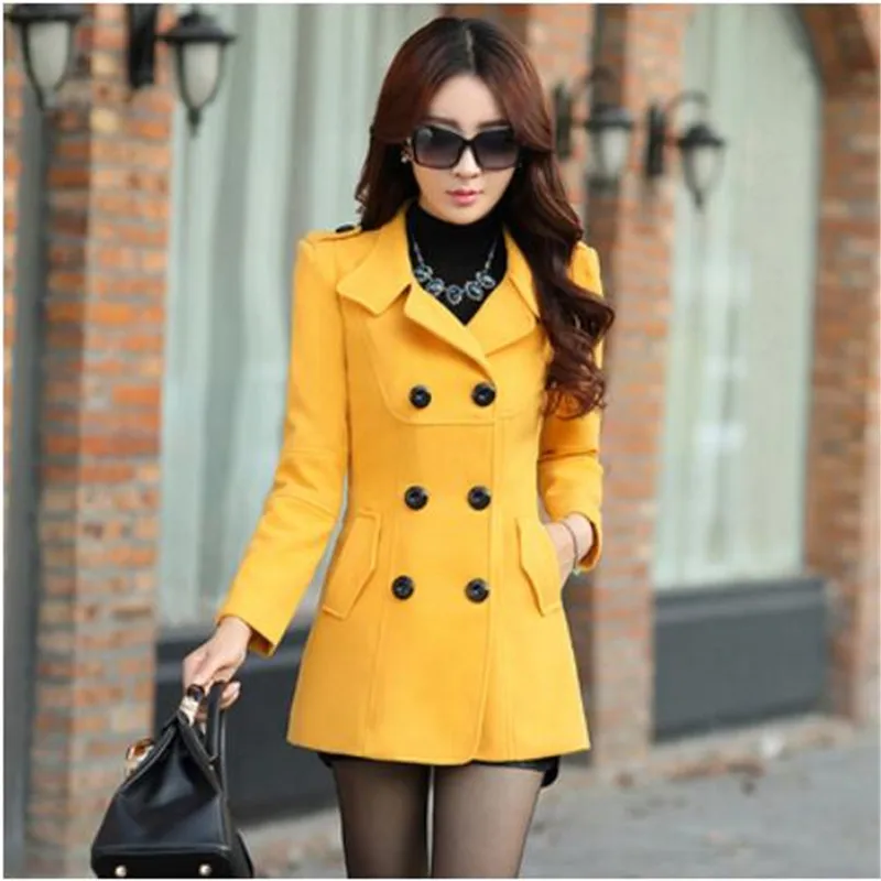 Весеннее новое пальто осеннее женское тонкое корейское двубортное пальто с длинными рукавами весеннее модное шерстяное пальто больших размеров AS868 - Цвет: yellow