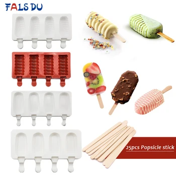 

4 Cavities Ice Cream Silicone Mold Popsicle Makers Dessert Form With Wooden Sticks 25pcs DIY Moulds Tray