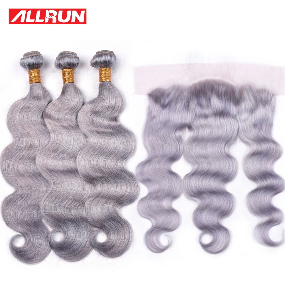 Flash Deal Pre-Colored Pure Grey Human Hair Weave with Frontal Allrun Brazilian Body Wave Remy Hair 3 Bundles With 13*4 Lace Closure Deals 0