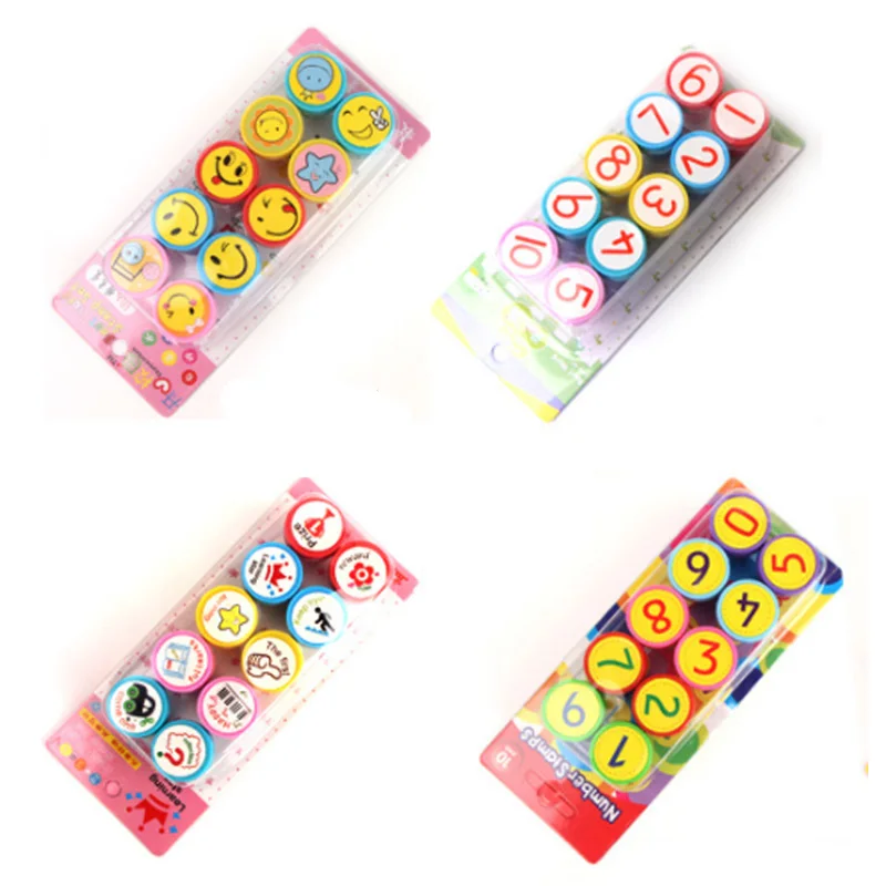 10pcs/set Cute Animal Smile Cartoon Reviews Encouraging Students Children's Seal Reward Kids Children Circular Stamps Toys