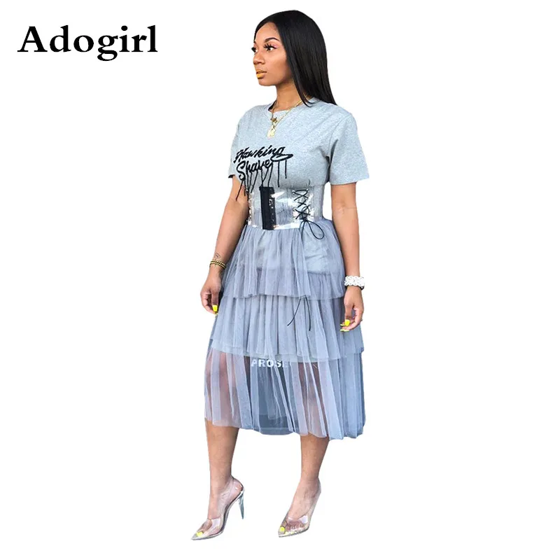 

Mesh Patchwork Shirt Letter Print Midi Dress Short Sleeve Cascading Cake RufflesBig Swing Dress Knee Length Sundress Vestidos