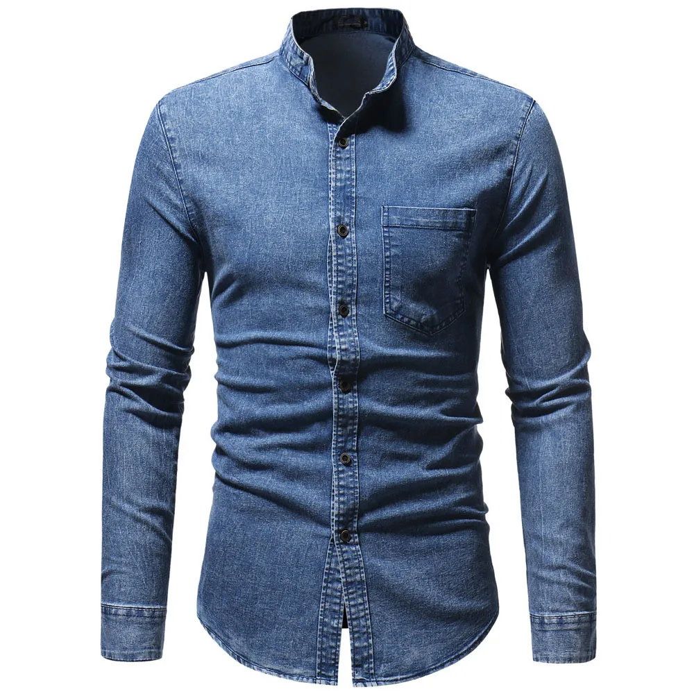 

Stand Collar Male Denim Shirts New Fashion Solid Color Long Sleeve Blouse 3XL Slim Man Tops 2019 Hot Sale Europe Man Denim Blusa