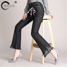Ordeeson плюс Размеры Высокая Талия Джинсы для женщин Рваные джинсы для Для женщин Мода кисточкой Flare Джинсы для женщин узкие черные брюки весна корейский