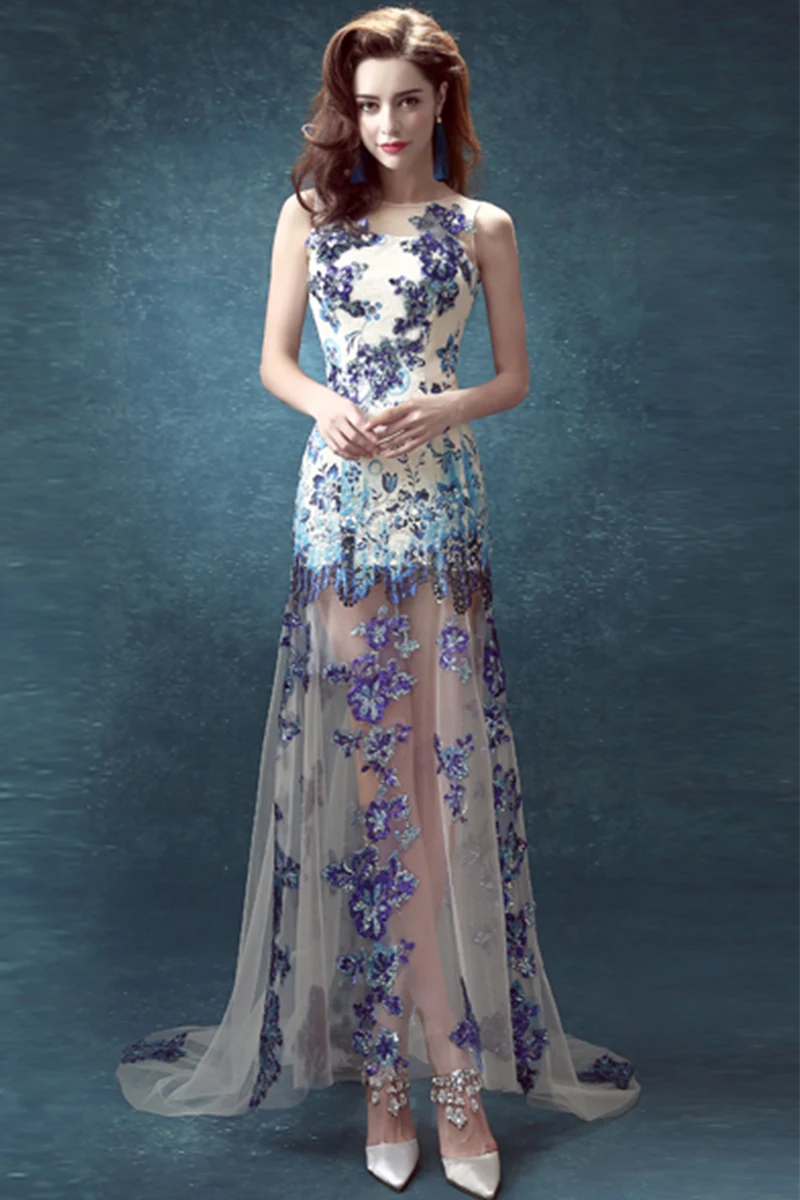 Wedding Engagement Dresses online get cheap engagement dresses designs aliexpress com real photo china designers blue and white pattern lace evening party dress 2017 long sexy vestido de festa
