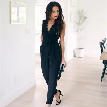 

Summer Jumpsuit Women V-neck Sashes Sleeveless black Lace Sexy Party Club Bodysuit Casual Bow Pockets Overalls Vestidos Elegant